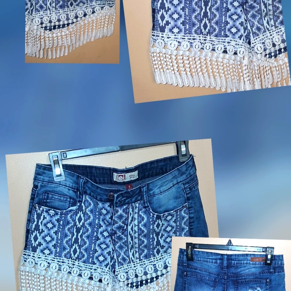 LEI Indigo Denim Shorts with Ivory Fringe